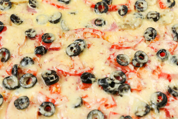 texture of cooked homemade pizza on wooden table top view with copy space. flat lay pattern  with fresh hot pizza.