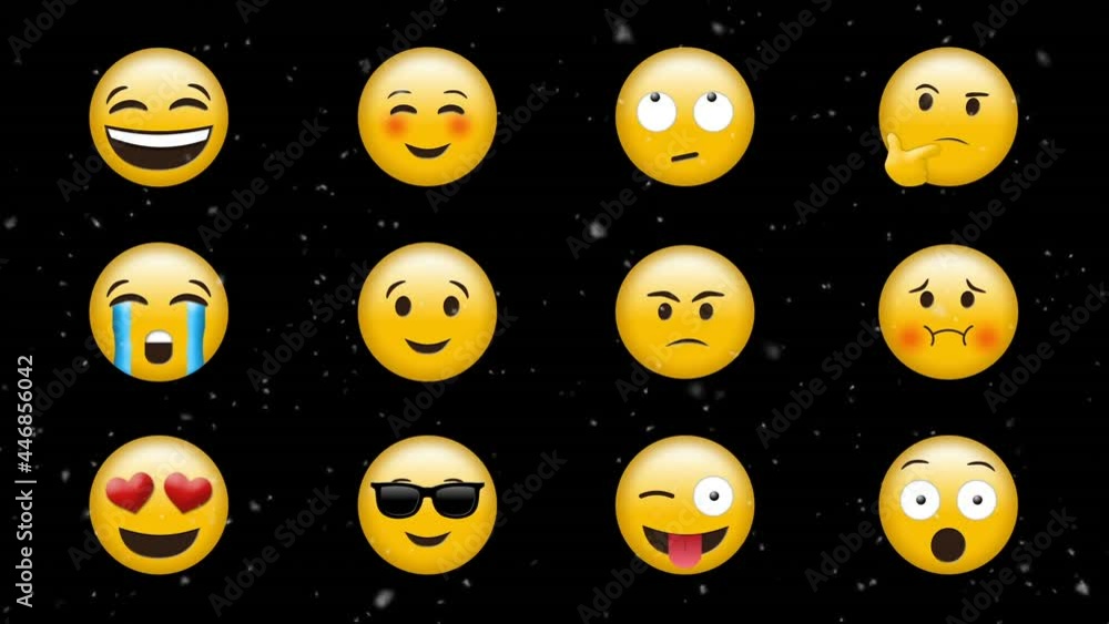 Poster white particles floating against multiple different face emojis on black background