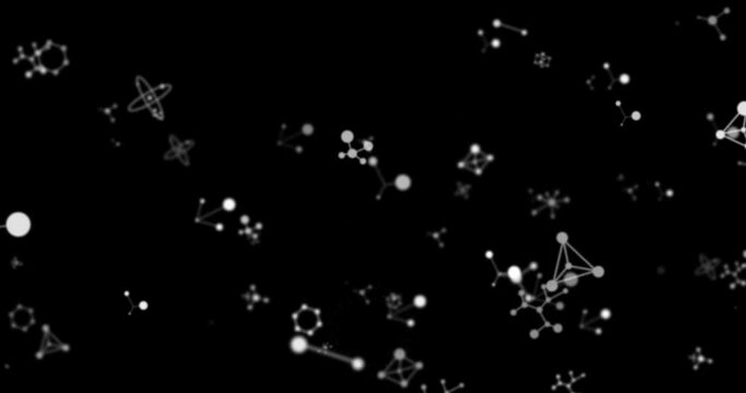 Digital animation of molecular structures floating against black background