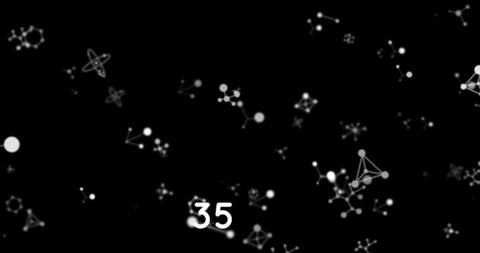 Digital animation of increasing numbers over molecular structures floating against black background