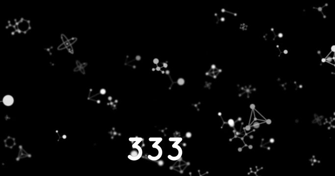 Digital animation of increasing numbers over molecular structures floating against black background