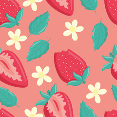 Seamless pattern with strawberries, juicy summer print, bright pattern, summer berries, flower and leaves, cute cartoon illustration, elements for creating designs, bed linen, curtains, tablecloths