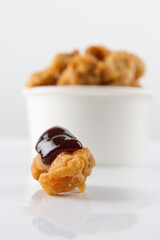 chicken pop corn with sauce, withe bucket bowl. white background 