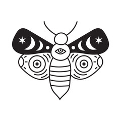Mystical boho moth in outline style. Vector magic butterfly. Vintage monochrome print. Celestial insect.