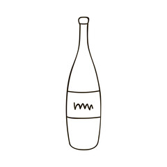 Hand drawn sparkling wine bottle with label. Holiday champagne for stickers, planners, scrap elements, social media. Vector illustration with hand drawn outline isolated on background.