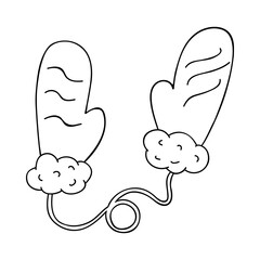 Cute and cozy mittens with fur and string. Hygge christmas sign for stickers, planners, scrap elements, social media. Vector illustration with hand drawn outline isolated on background.