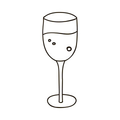 Hand drawn champagne glass with alcohol in it with bubbles. Holiday beverage for stickers, planners, scrap elements, social media. Vector illustration with hand drawn outline isolated on background.