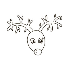 Obraz premium Hand drawn Christmas deer with in doodle style. Santa’s helper with red nose. Christmas sign. Vector illustration with doodle outline isolated on background. Suitable for paper craft, fabric, sticker.