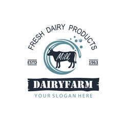 label of dairy farm with animal cow isolated on white background