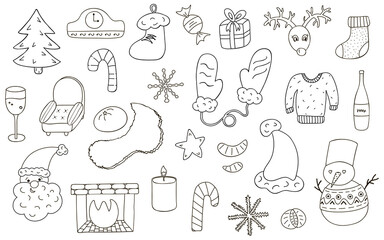 Big doodle set of Christmas, New Year hand drawn elements. Vector illustrations. Cute christmas, winter signs, characters. Black and white doodle with hand drawn outline. For craft, fabric, sticker.