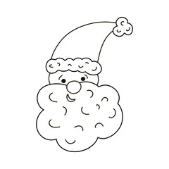 Christmas vector smiling Santa Claus in the hat with a fur, big curly beard. Face close up. Christmas sign, cozy clipart. Cute illustration with hand drawn doodle outline isolated on background.