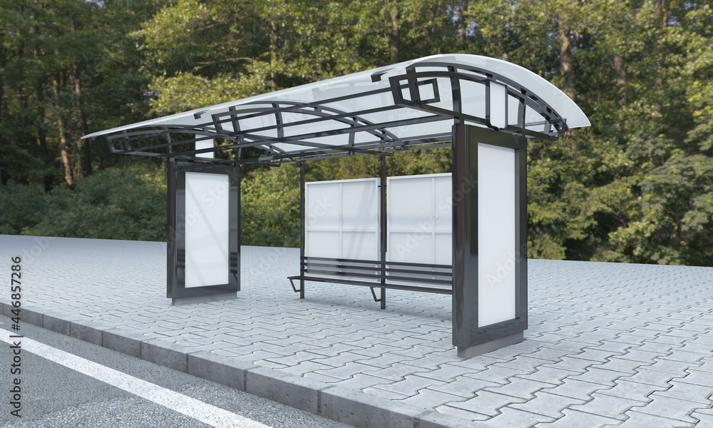 Sticker 3d rendering of a bus stop with empty advertising boards for your images or text