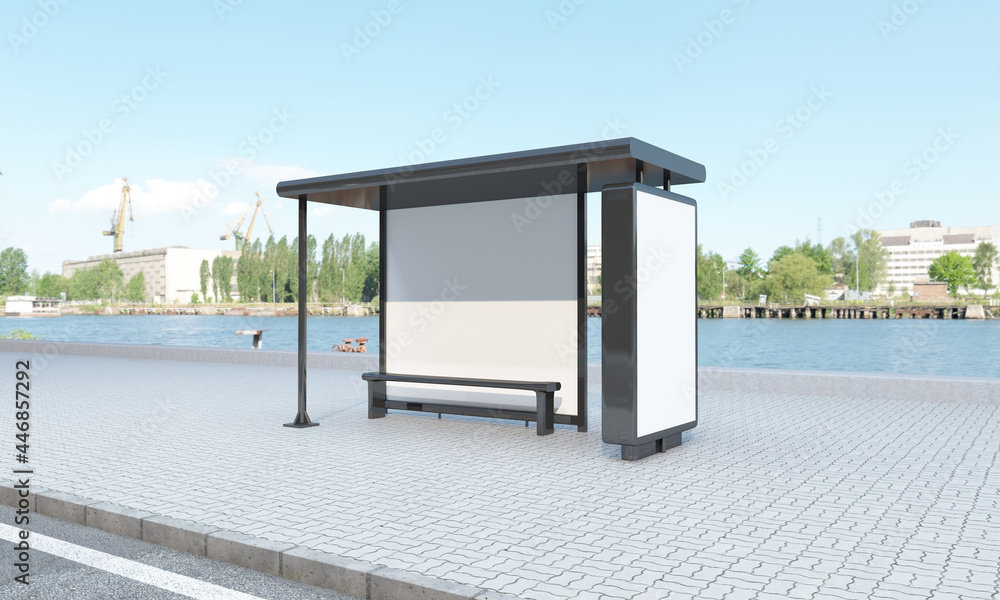 Poster 3d rendering of a bus stop with blank frames for your images/text/art