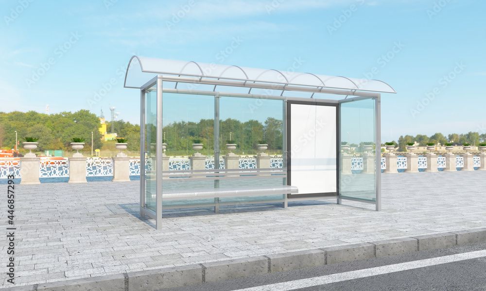 Aufkleber 3d rendering of a bus stop with blank frames for your images/text/art