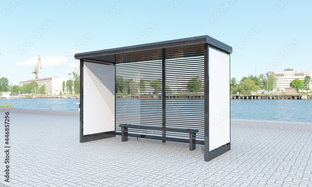 Aufkleber 3d rendering of a bus stop with blank frames for your images/text/art