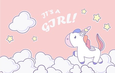 Baby shower horizontal banner with cartoon unicorn, clouds on pink background. It's a girl. Vector illustration