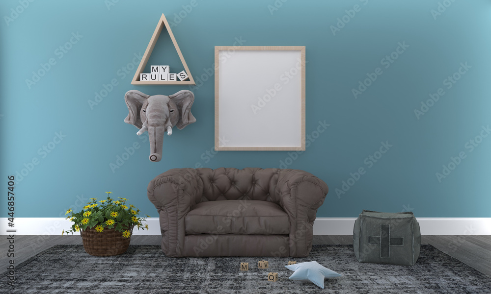 Poster 3d rendering of an empty frame in a minimalist room
