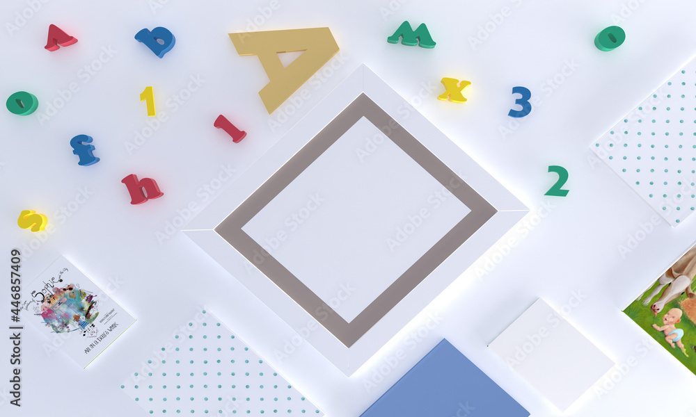 Poster 3d rendering of an empty frame surrounded by toys