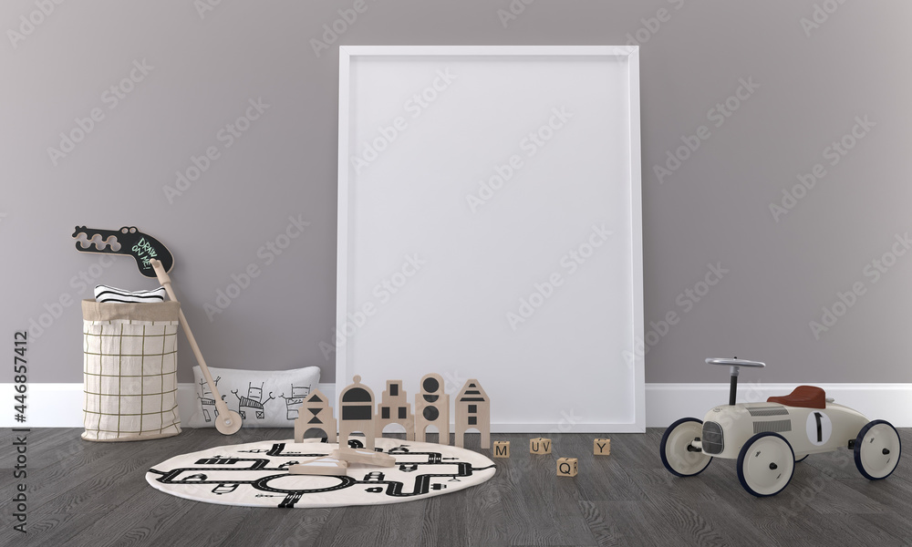 Poster 3d rendering of an empty frame surrounded by toys