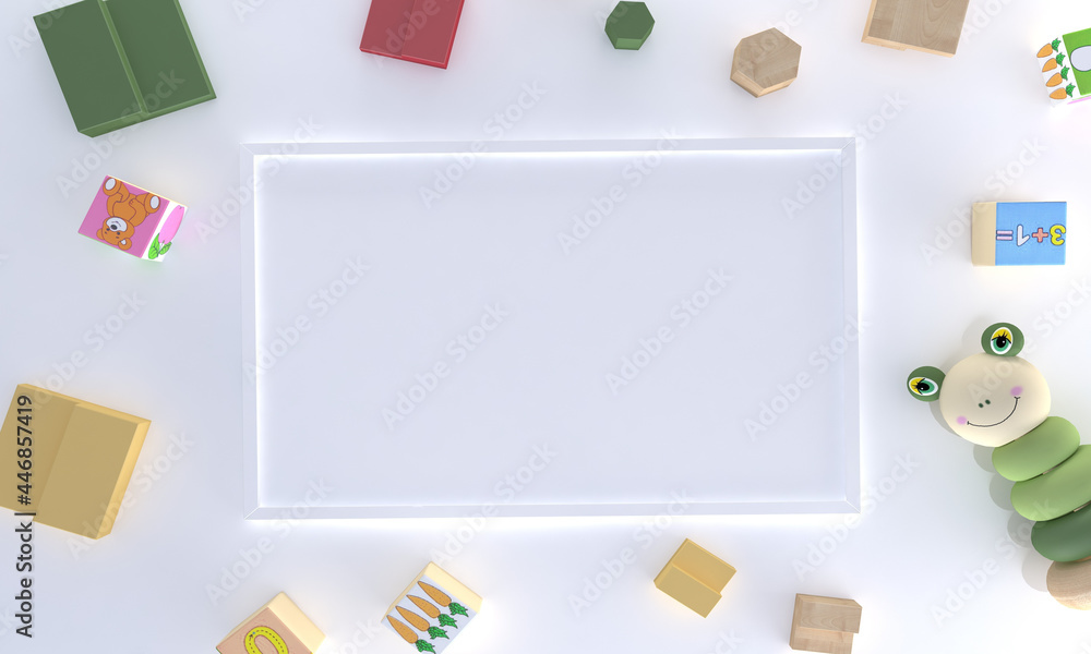 Aufkleber 3d rendering of an empty frame surrounded by toys