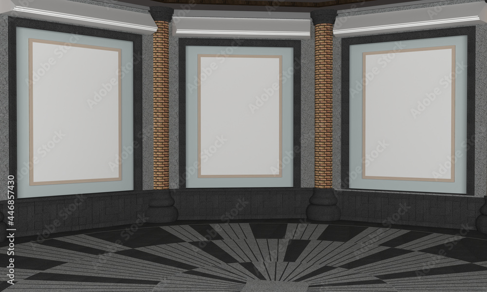 Poster 3d render of a room with brick columns and white spaces for your images/text/art