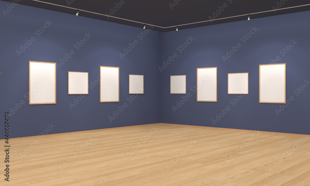 Aufkleber 3d rendering of an art gallery with empty frames for your images/text/art