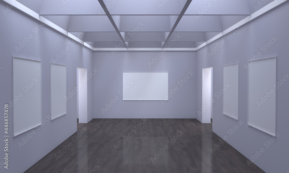 Poster 3d rendering of an art gallery with empty frames for your images/text/art on green walls