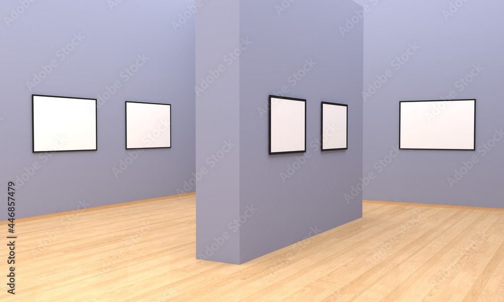 Poster 3d rendering of an art gallery with empty frames for your images/text/art on purple walls