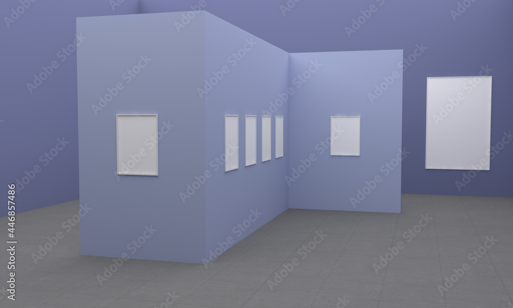 Poster 3d rendering of an art gallery with empty frames for your images/text/art on purple walls