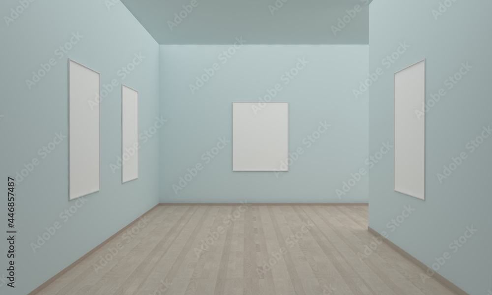 Poster 3d rendering of an art gallery with empty frames for your images/text/art on green walls