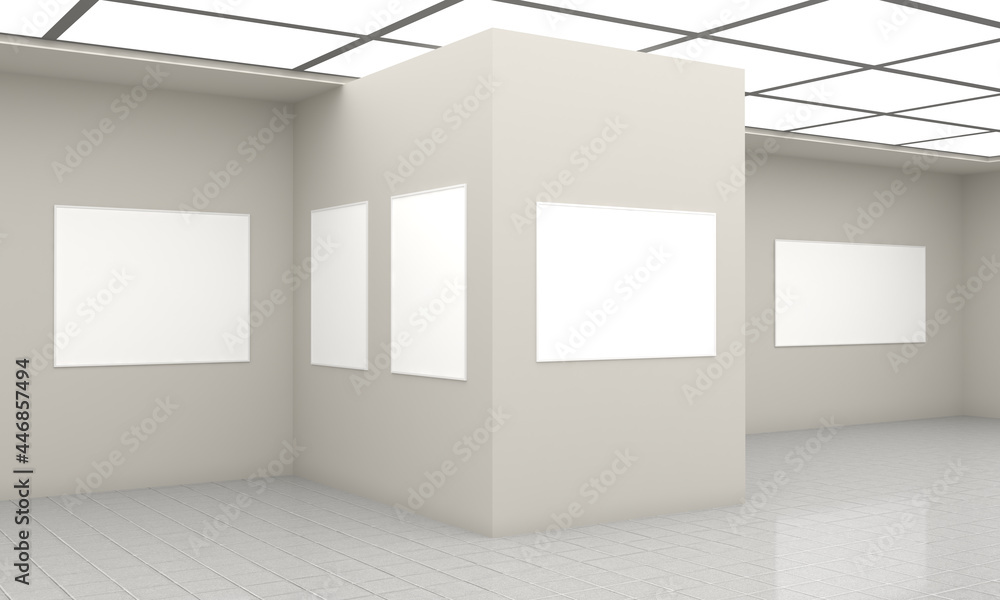 Poster 3d rendering of an art gallery with empty frames for your images/text/art