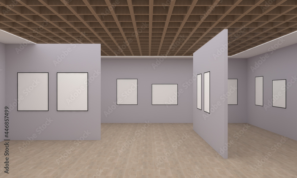Poster 3d rendering of an art gallery with empty frames for your images/text/art