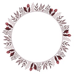 circle frame with red bud and grey leaves border for wedding card