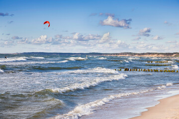 Landscapes of Poland. Windy day at Baltic sea.  Kitesurfing near Gdansk. 