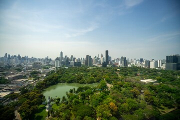 Public park and high-rise buildings cityscape in metropolis city center . Green environment city...