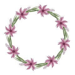 circle frsme with purple flower and green leaf border for wedding card