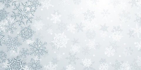 Illustration of big complex translucent Christmas snowflakes in gray colors, located on the left, on background with falling snow