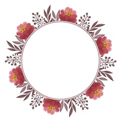 circle frame of red roses, leaf and bud border