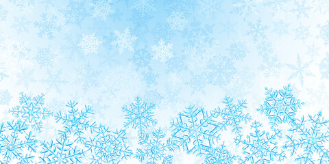Illustration of big complex translucent Christmas snowflakes in light blue colors, located below, on background with falling snow