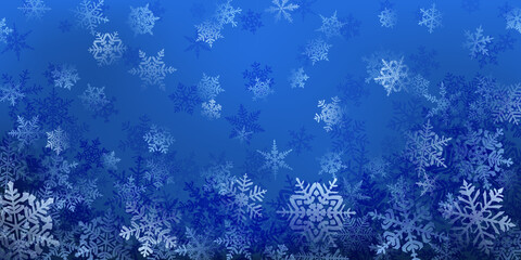 Background of complex Christmas snowflakes in blue colors. Winter illustration with falling snow
