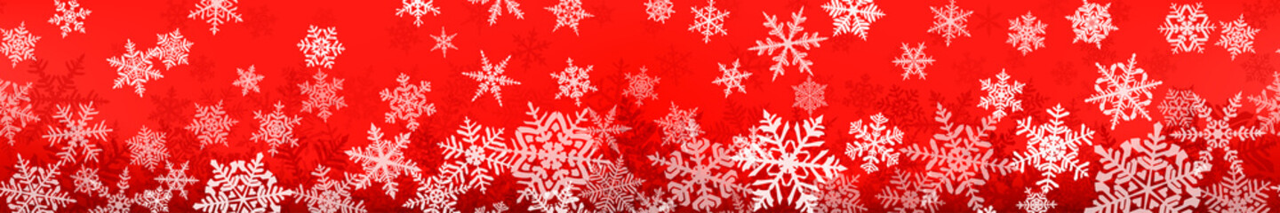 Naklejka na ściany i meble Banner of complex Christmas snowflakes with seamless horizontal repetition, in red colors. Winter background with falling snow