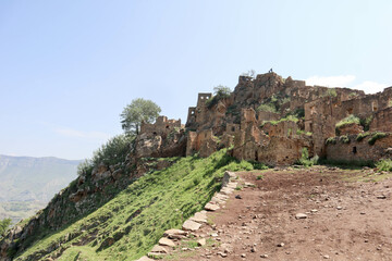 scenic view to the picturesque ruins of ancient avar village Gamsutl in Dagestan, Russia