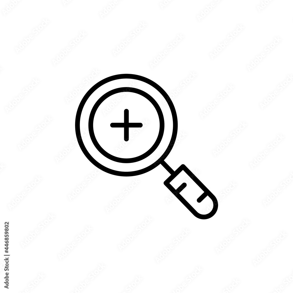 Poster black magnifier with plus sign isolated on white. magnifying glass icon. zoom button for web pages.