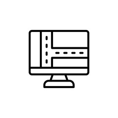 Computer monitor and folded map with location marker icon isolated on white background.