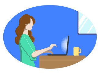 Vector illustration of a sitting woman with a laptop in the evening. Working from home poster. Learning online banner. Typing on a computer. Virtual workplace concept. Freelance