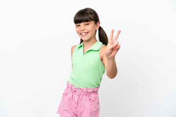 Little caucasian kid isolated on white background smiling and showing victory sign