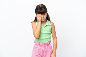 Little caucasian kid isolated on white background with headache