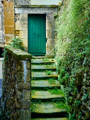 Antique green wooden door at the end of a stone staircase of a historic building in a European...