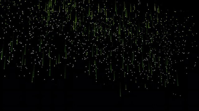Concept of the digital age. Falling green binary numbers representing computer code. Green glowing computer generated zeros and ones fall vertically in random streams against the black background