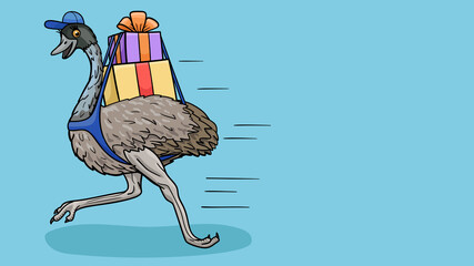 A cartoon ostrich runs with parcels to the address.
